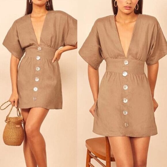 NWT Reformation Ty Button-Embellished Linen Kimono Sleeve Mini Dress Khaki - Picture 1 of 9